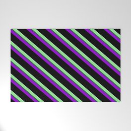 [ Thumbnail: Colorful Light Green, Dark Slate Gray, Dark Violet, Black, and Light Cyan Colored Stripes Pattern Welcome Mat ]