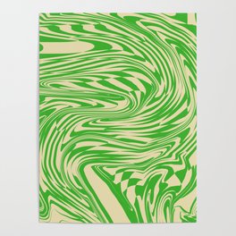 Psychedelic Warped Marble Wavy Checkerboard in Green and Cream Poster