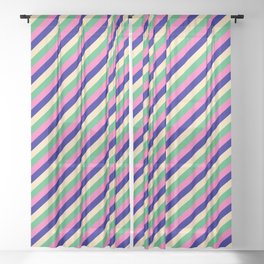 [ Thumbnail: Beige, Sea Green, Hot Pink, and Dark Blue Colored Lines/Stripes Pattern Sheer Curtain ]