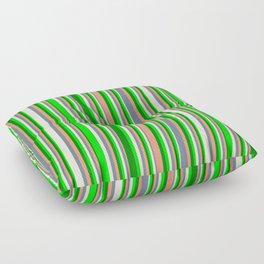 [ Thumbnail: Eyecatching Lime, Green, Dark Salmon, Slate Gray & Beige Colored Striped/Lined Pattern Floor Pillow ]