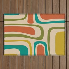 Palm Springs Mid Century Modern Abstract Pattern in Mid Mod Olive, Burnt Orange, Mustard, Teal, and Beige Outdoor Rug