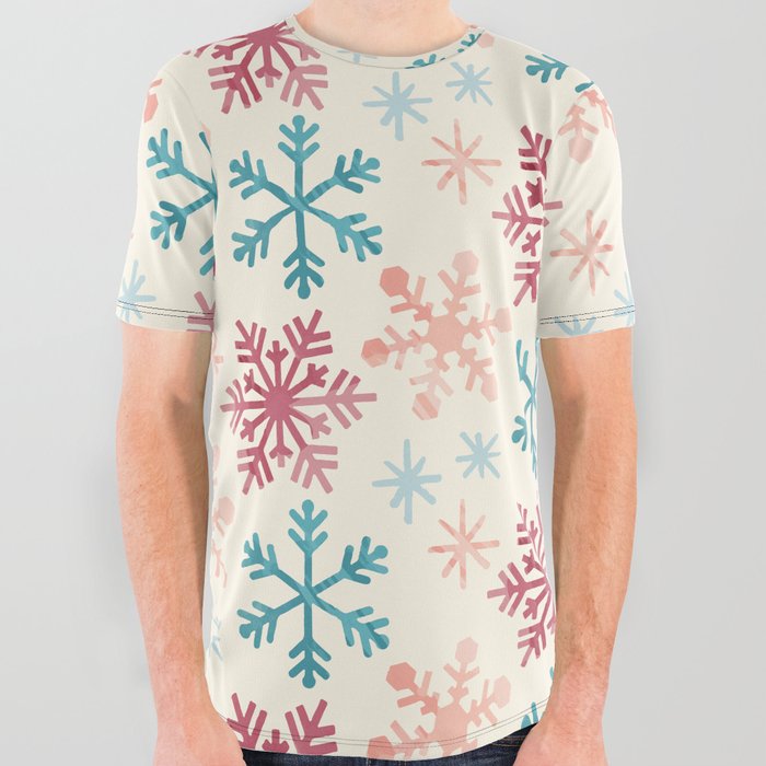 Christmas Pattern Watercolor Snowflake Pink Blue All Over Graphic Tee