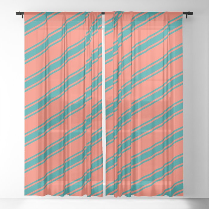 Red & Dark Cyan Colored Lined Pattern Sheer Curtain