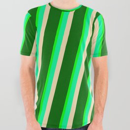 [ Thumbnail: Lime, Green, Tan & Dark Green Colored Striped/Lined Pattern All Over Graphic Tee ]