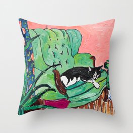 Napping Tuxedo Cat in Overstuffed Sage Green Armchair with Pink Interior After Matisse Painting Throw Pillow