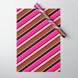 [ Thumbnail: Brown, Light Pink, Deep Pink & Black Colored Stripes/Lines Pattern Wrapping Paper ]