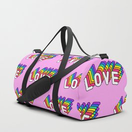 Seamless pattern with words “Love” isolated on pink background. Text patches wallpaper. Quirky funny cartoon comic style of 80-90s. Duffle Bag