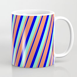 [ Thumbnail: Coral, Blue & Aquamarine Colored Striped/Lined Pattern Coffee Mug ]