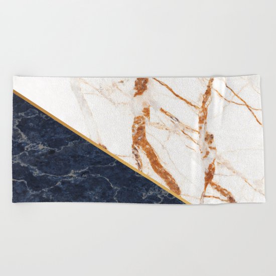 Classy Elegant White Blue Gold Marble Beach Towel