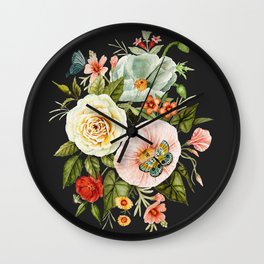Wildflower and Butterflies Bouquet on Charcoal Black Wall Clock