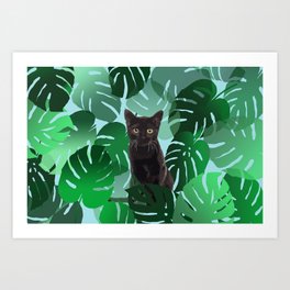 Black Cat Monstera Jungle leaves Art Print