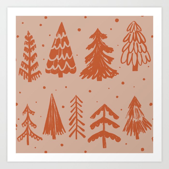 Winter forest in festive orange Art Print