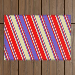 [ Thumbnail: Red, Slate Blue, and Pale Goldenrod Colored Lined/Striped Pattern Outdoor Rug ]