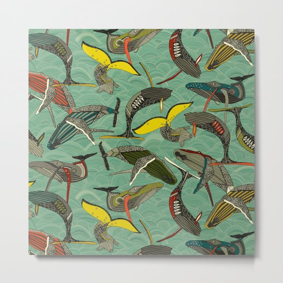 whales and waves jade Metal Print