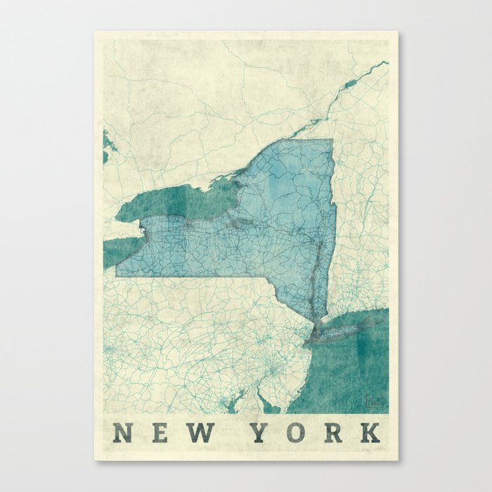 New York State Map Blue Vintage Canvas Print
