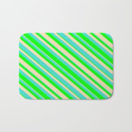 [ Thumbnail: Turquoise, Lime & Tan Colored Lined Pattern Bath Mat ]