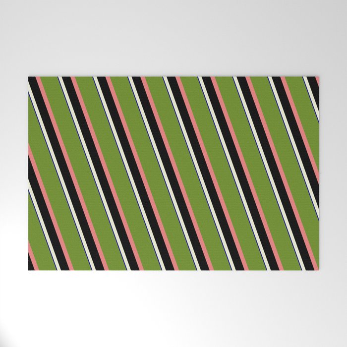 Eyecatching Green, Light Coral, Black, Beige, and Dark Blue Colored Lined/Striped Pattern Welcome Mat