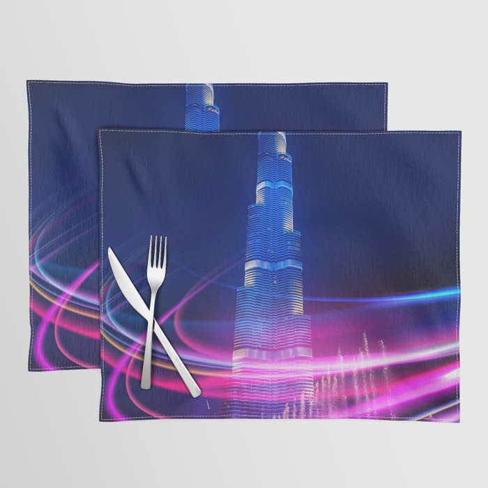 Neon city Dubai, Burj Khalifa 1 Placemat by Synthwave1950 Alex