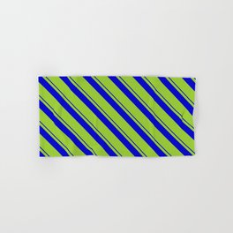 [ Thumbnail: Blue & Green Colored Pattern of Stripes Hand & Bath Towel ]