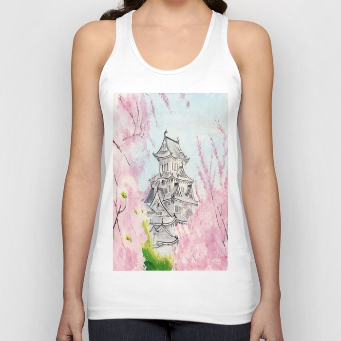 Himeji Castle , Art Watercolor Painting print by Suisai Genki , cherry blossom , Japanese Castle Tank Top