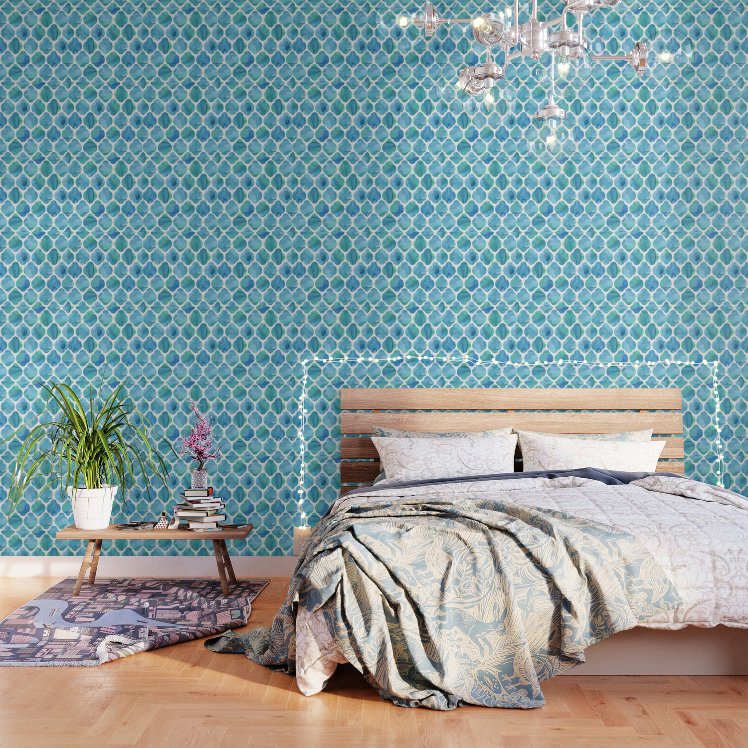 Watercolour Blue Moroccan Tile Print Wallpaper By Laurenthomas2