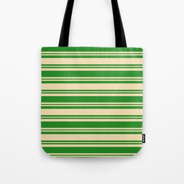 [ Thumbnail: Forest Green and Tan Colored Lined Pattern Tote Bag ]