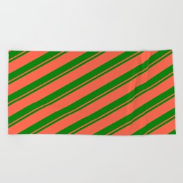 [ Thumbnail: Green & Red Colored Pattern of Stripes Beach Towel ]