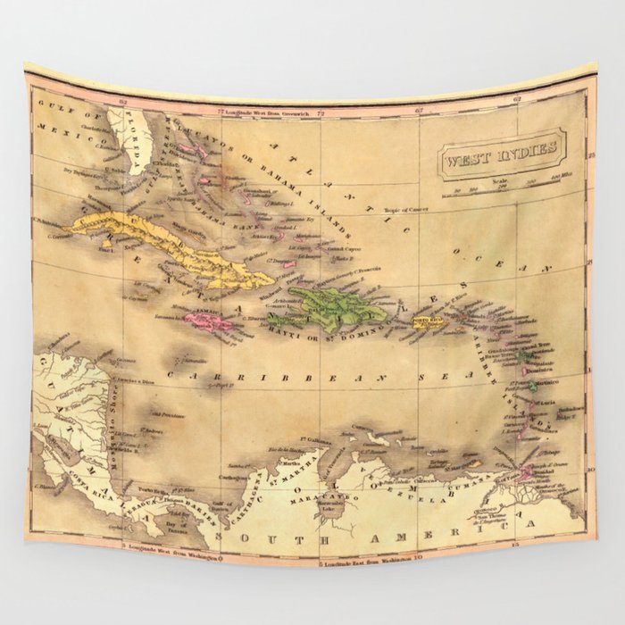 Map Of The Caribbean 1828 Wall Tapestry by Vintage Maps & Prints  Society6