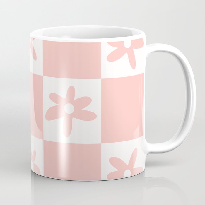 Flower Check Cute Geometric Floral Checkerboard Pattern in Soft Blush Pink Coffee Mug