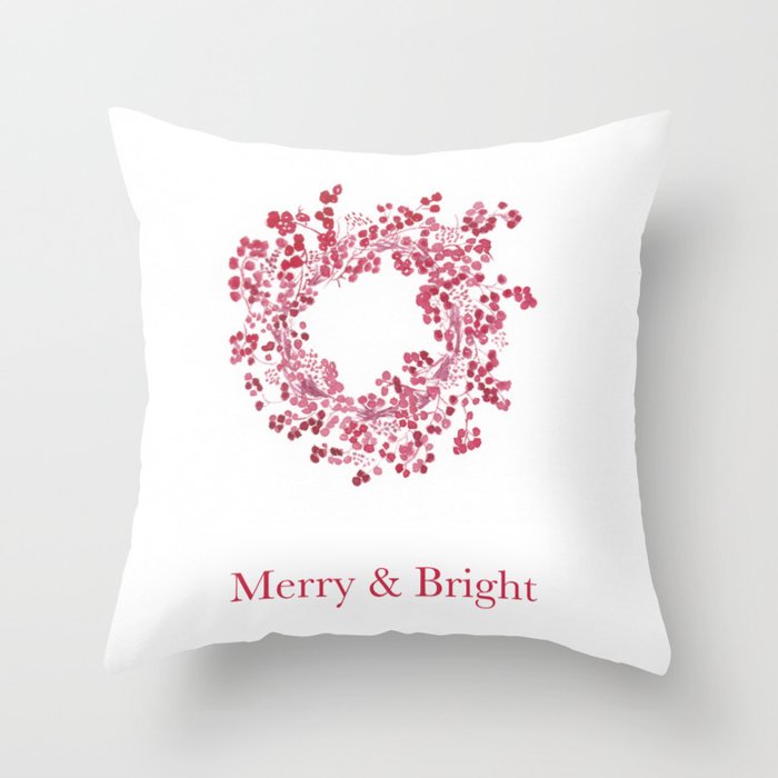 Red Merry & Bright Christmas Berry Wreath Watercolour Throw Pillow
