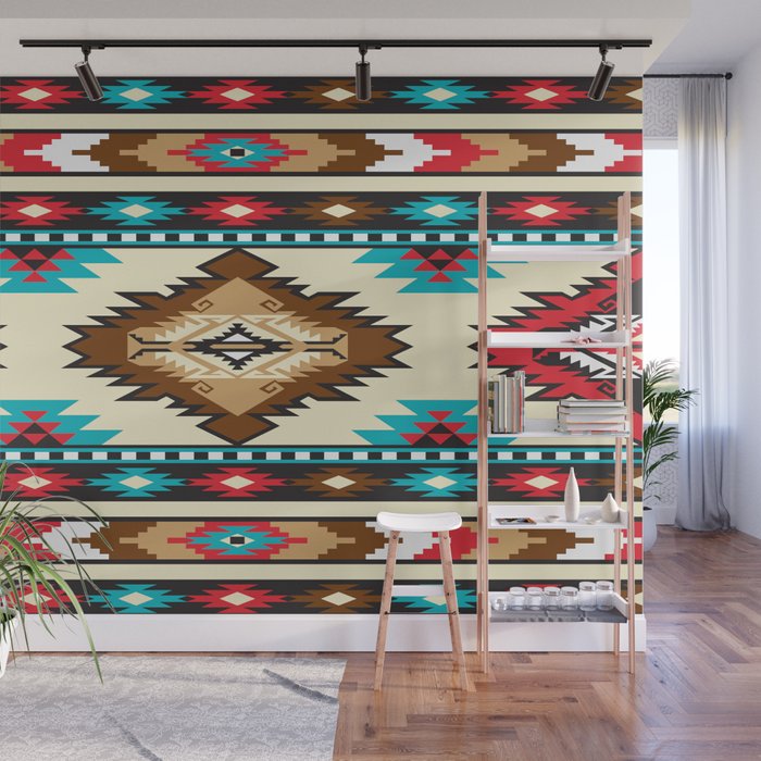Onyx, Turquoise, Red Carnelian, Pearl, Jasper Tribal Native American Aztec Southwest Pattern Wall Mural
