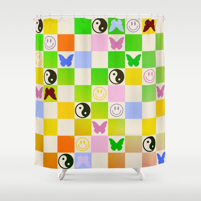Y2k Butterfly Yin Yang Smiley Rainbow Gradient Checker Shower Curtain