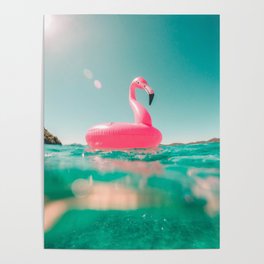 Tropical Summer Ocean, Pink Flamingo Pool Float Poster