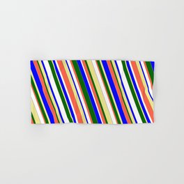 [ Thumbnail: Vibrant Blue, Tan, Dark Green, Red, and White Colored Stripes/Lines Pattern Hand & Bath Towel ]