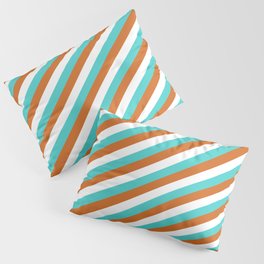 [ Thumbnail: Chocolate, White, and Turquoise Colored Stripes Pattern Pillow Sham ]