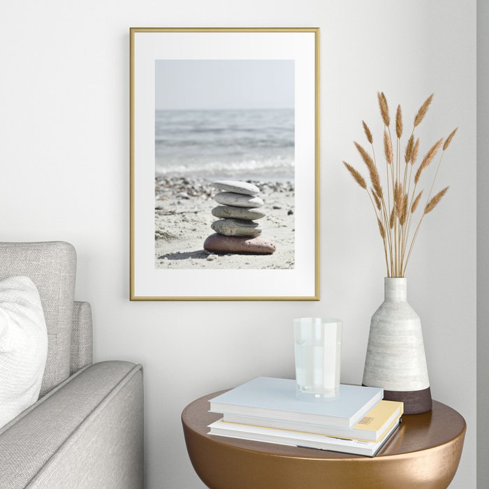 Framed Art Print Beach balancing stones by ARTbyJWP | Society6
