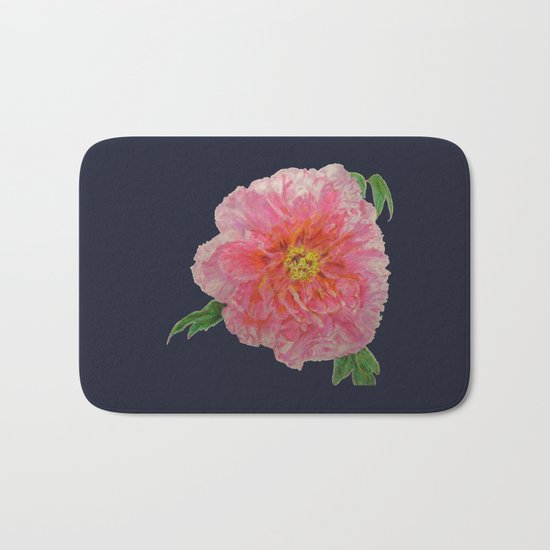 Pink Peony Flower Drawing on Blue Background Bath Mat