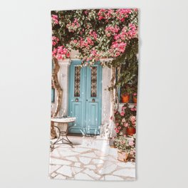 Tinos Street view in Greece with Blue Door and Pink Flowers,  Cycladitic Architecture in Greek Islands Beach Towel