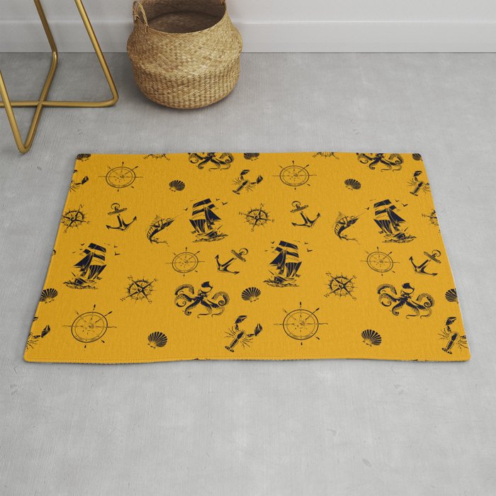 Mustard And Blue Silhouettes Of Vintage Nautical Pattern Rug