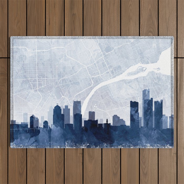 Detroit Skyline & Map Watercolor Navy Blue, Print by Zouzounio Art Outdoor Rug