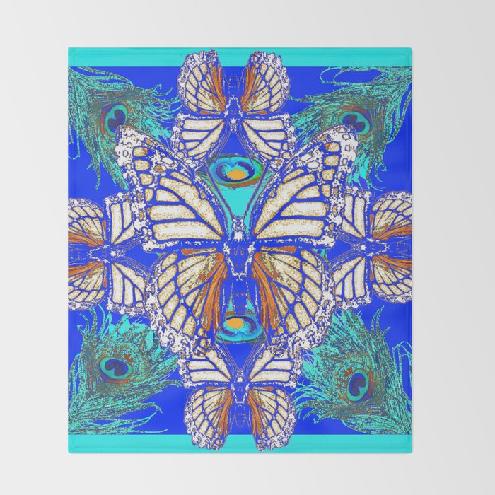 TURQUOISE & CREAM COLORED BUTTERFLIES BLUE PEACOCK ART Throw Blanket by