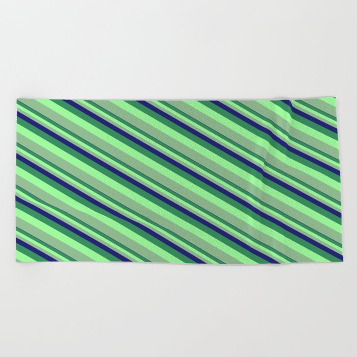 Midnight Blue, Sea Green, Green & Dark Sea Green Colored Stripes Pattern Beach Towel