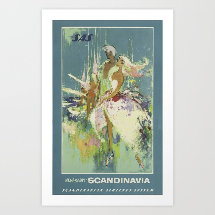Pleasant Scandinavia, SAS, Scandinavian Airlines System - Vintage Travel Poster Art Print