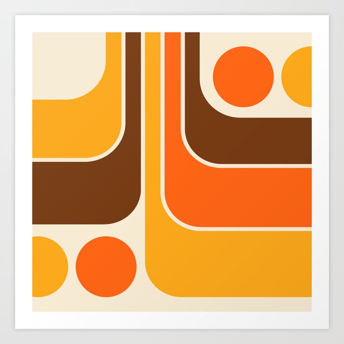 Retro 70s Style Geometric Design 664 Autumn Orange Yellow and Brown Art Print