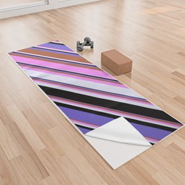 [ Thumbnail: Vibrant Violet, Lavender, Black, Slate Blue, and Sienna Colored Lines/Stripes Pattern Yoga Towel ]