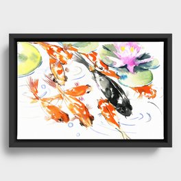 Nine Koi Fish, 9 KOI, feng shui artwork asian watercolor ink painting Framed Canvas