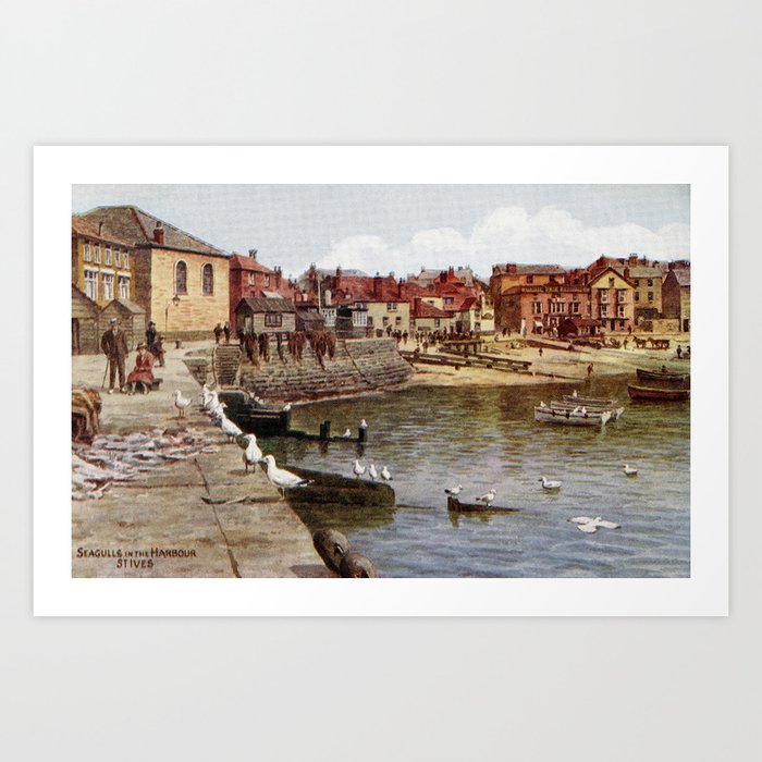 Aquarelle St Ives Cornwall Seagulls in the harbour Art Print