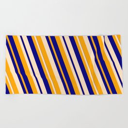 [ Thumbnail: Orange, Blue & Bisque Colored Lined Pattern Beach Towel ]