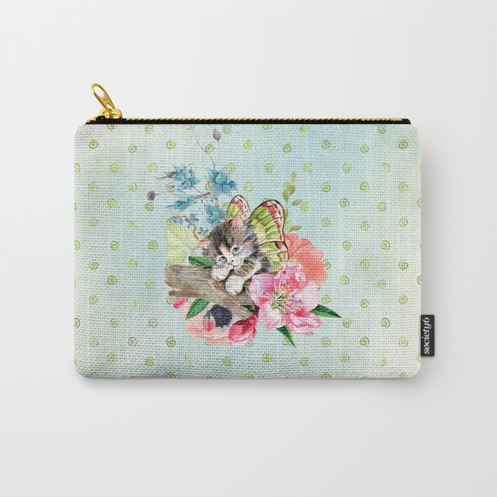 Cute Kitten on Watercolor Flowers Carry-All Pouch
