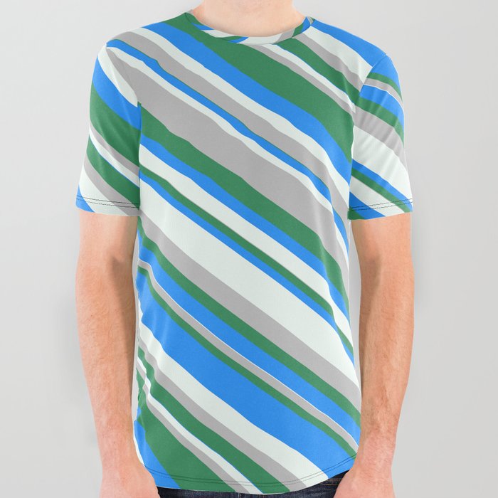 Blue, Mint Cream, Grey, and Sea Green Colored Pattern of Stripes All Over Graphic Tee